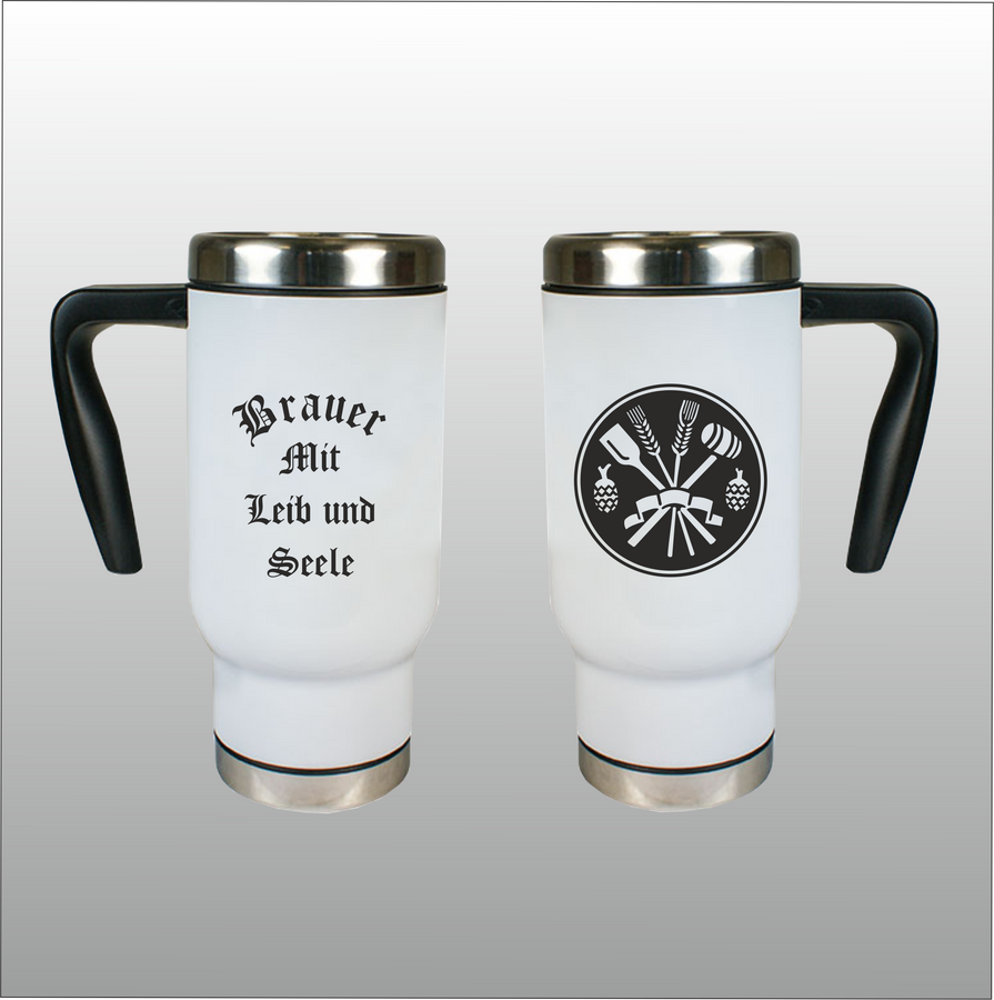 Thermobecher Richard weiß mit Motivdruck Brauer