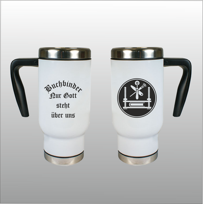 Thermobecher Richard weiß mit Motivdruck Buchbinder