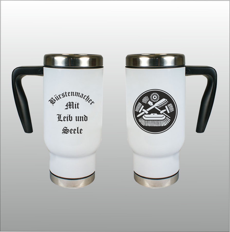 Thermobecher Richard weiß mit Motivdruck Bürstenmacher