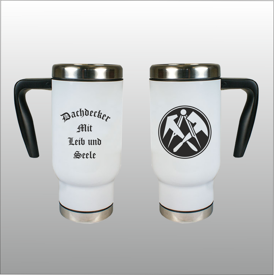 Thermobecher Richard weiß mit Motivdruck Dachdecker
