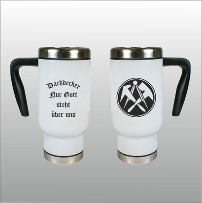 Thermobecher Richard weiß mit Motivdruck Dachdecker