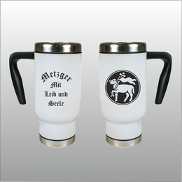 Thermobecher Richard weiß mit Motivdruck Metzger