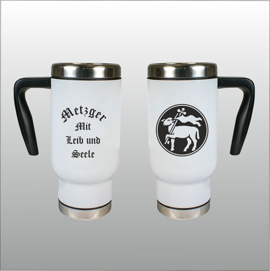 Thermobecher Richard weiß mit Motivdruck Metzger