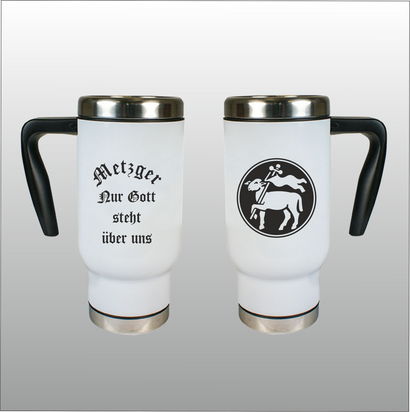 Thermobecher Richard weiß mit Motivdruck Metzger