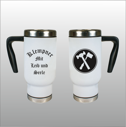 Thermobecher Richard weiß mit Motivdruck Klempner