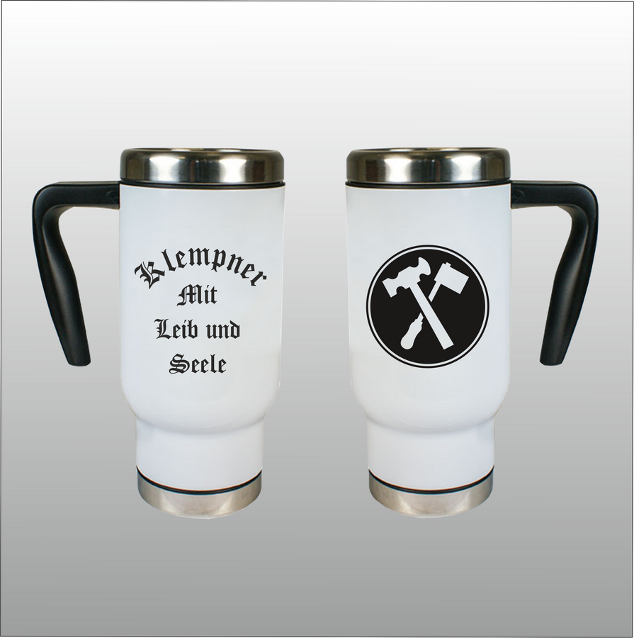Thermobecher Richard weiß mit Motivdruck Klempner