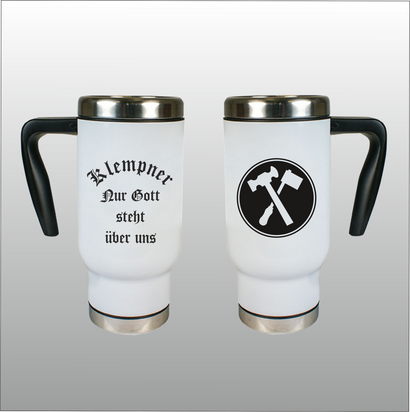 Thermobecher Richard weiß mit Motivdruck Klempner