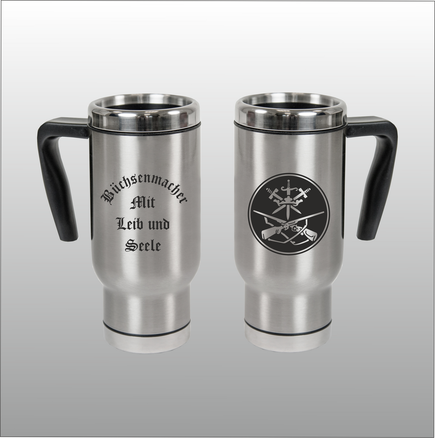 Thermobecher Christian silber mit Motivdruck Büchsenmacher