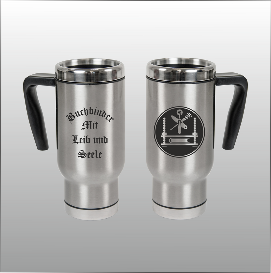 Thermobecher Christian silber mit Motivdruck Buchbinder