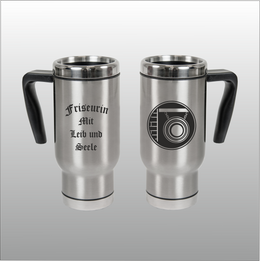 Thermobecher Christian silber mit Motivdruck Friseurin