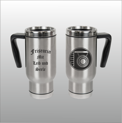 Thermobecher Christian silber mit Motivdruck Friseurin