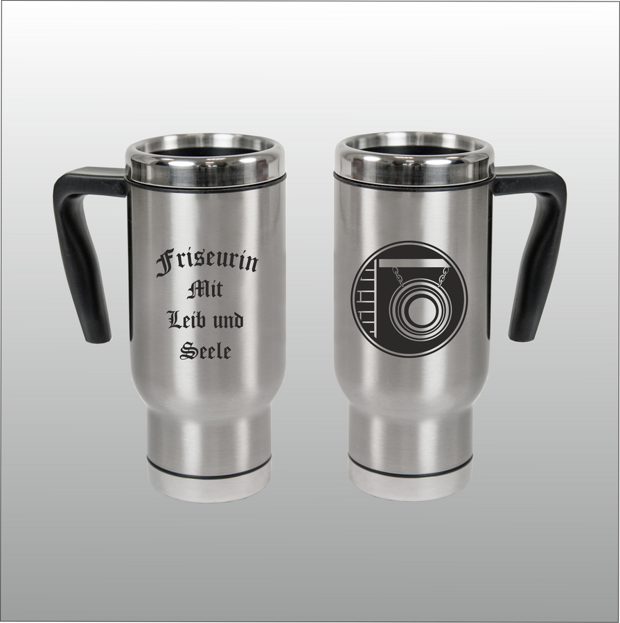 Thermobecher Christian silber mit Motivdruck Friseurin