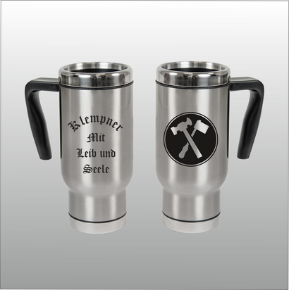 Thermobecher Christian silber mit Motivdruck Klempner