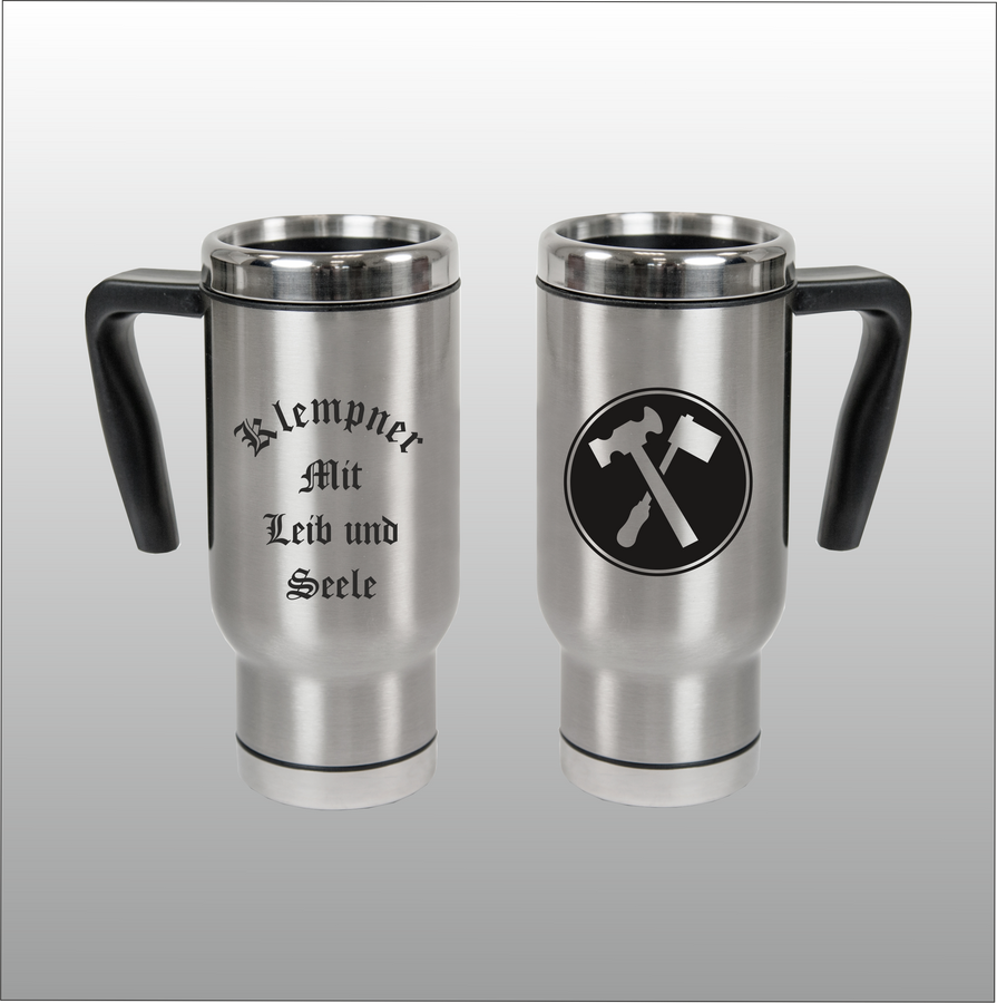 Thermobecher Christian silber mit Motivdruck Klempner