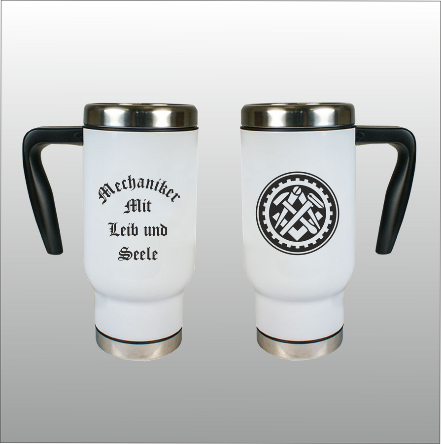 Thermobecher Richard weiß mit Motivdruck Mechaniker