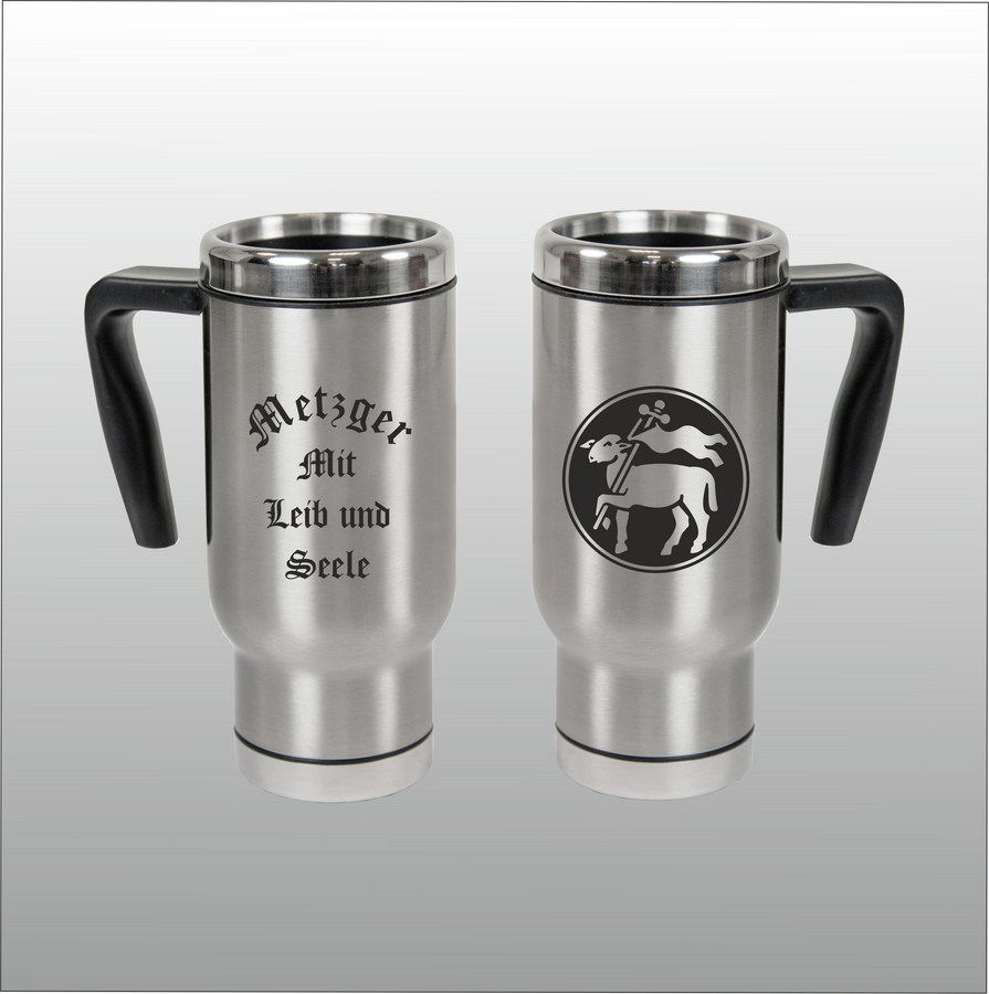 Thermobecher Christian silber mit Motivdruck Metzger