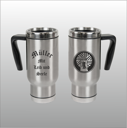 Thermobecher Christian silber mit Motivdruck Müller