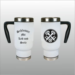 Thermobecher Richard weiß mit Motivdruck Schlosser