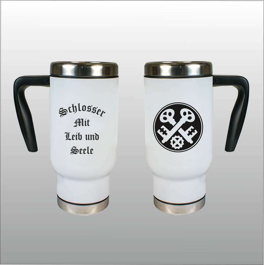 Thermobecher Richard weiß mit Motivdruck Schlosser