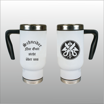 Thermobecher Richard weiß mit Motivdruck Schneider