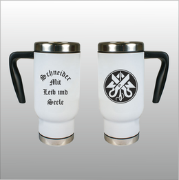 Thermobecher Richard weiß mit Motivdruck Schneider