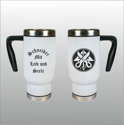Thermobecher Richard weiß mit Motivdruck Schneider