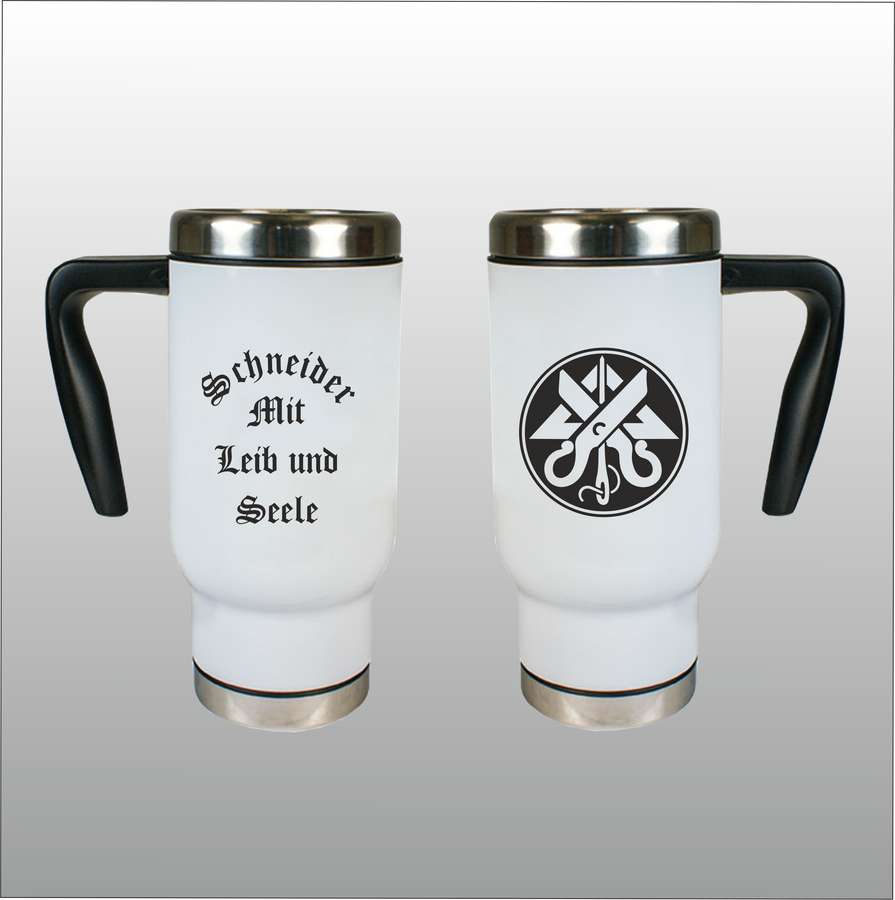 Thermobecher Richard weiß mit Motivdruck Schneider