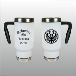 Thermobecher Richard weiß mit Motivdruck Schuster