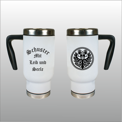 Thermobecher Richard weiß mit Motivdruck Schuster