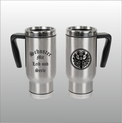 Thermobecher Christian silber mit Motivdruck Schuster