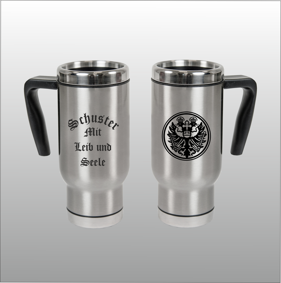 Thermobecher Christian silber mit Motivdruck Schuster