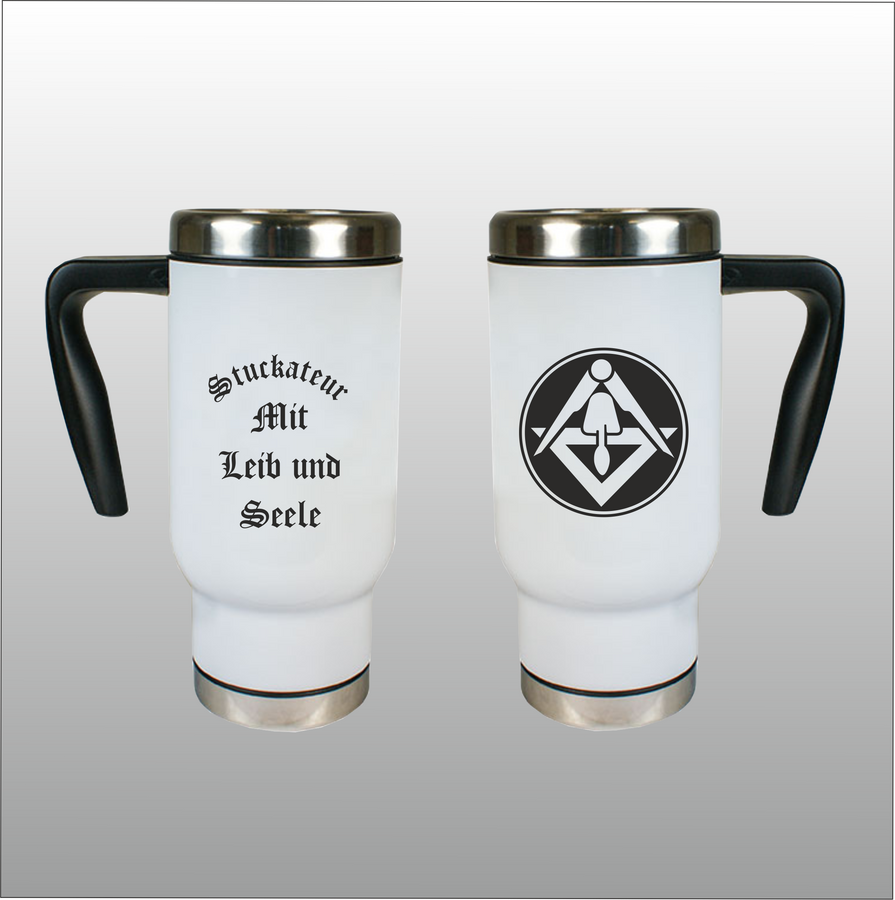 Thermobecher Richard weiß mit Motivdruck Stuckateur