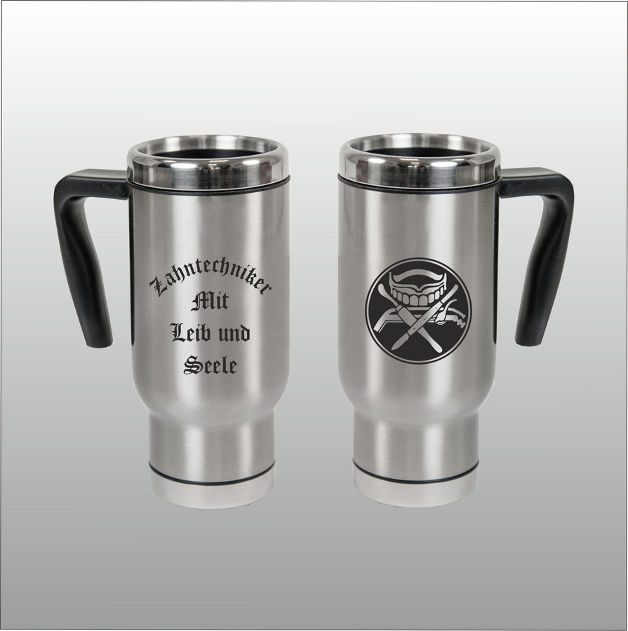 Thermobecher Christian silber mit Motivdruck Zahntechniker