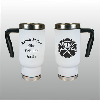 Thermobecher Richard weiß mit Motivdruck Zahntechniker