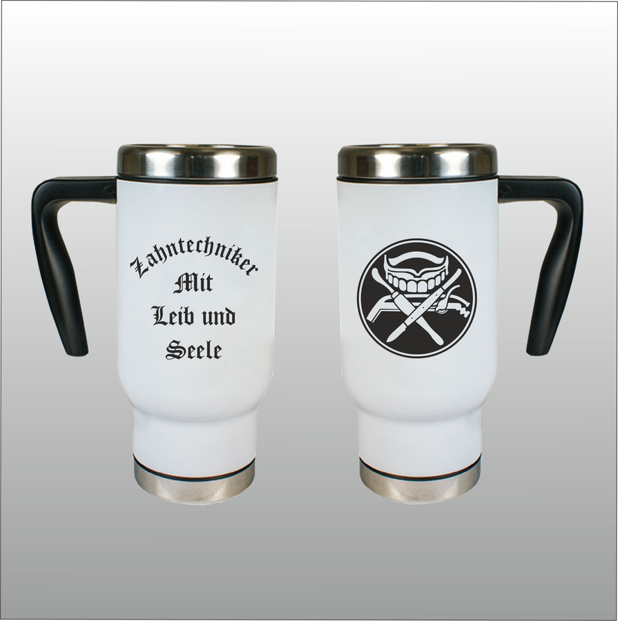 Thermobecher Richard weiß mit Motivdruck Zahntechniker