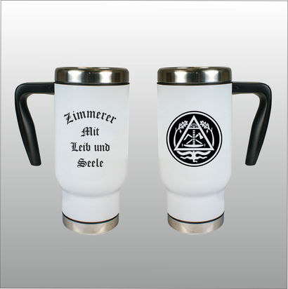 Thermobecher Richard weiß mit Motivdruck Zimmerer