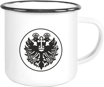 Emaille Becher "Eddy" mit Motivdruck Schuhmacher