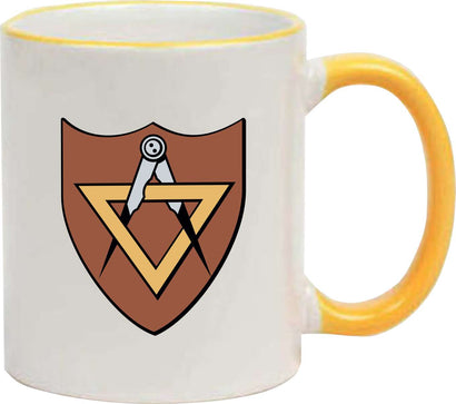 Keramiktasse "Ole" mit farbigen Henkel und Zunftzeichen und Spruch Architekt