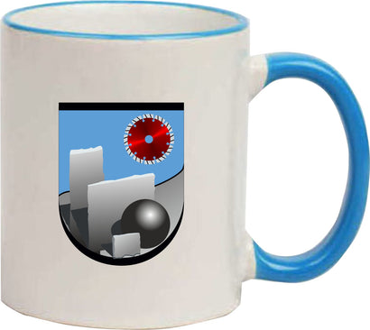 Keramiktasse "Franzi" mit farbigen Henkel und Zunftzeichen und Spruch Natursteinmechaniker