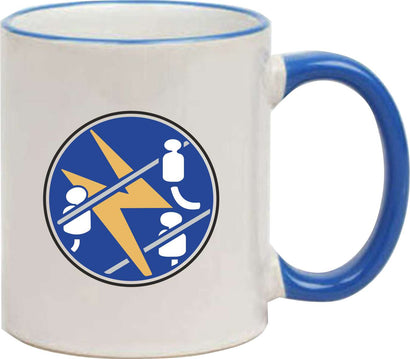 Keramiktasse "Franz Josef" mit farbigen Henkel und Zunftzeichen und Spruch Elektriker