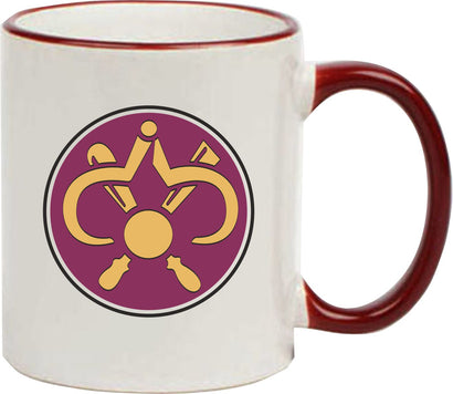 Keramiktasse "Frida" mit farbigen Henkel und Zunftzeichen und Spruch Drechsler