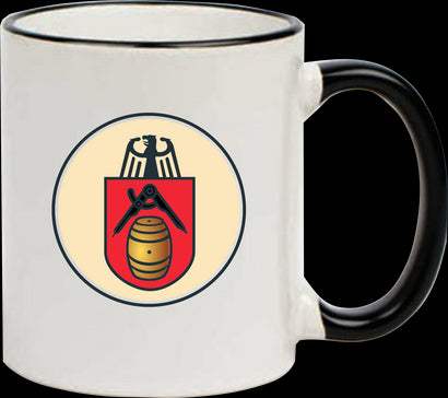 Keramiktasse "Fynn" mit farbigen Henkel und Zunftzeichen und Spruch Böttcher