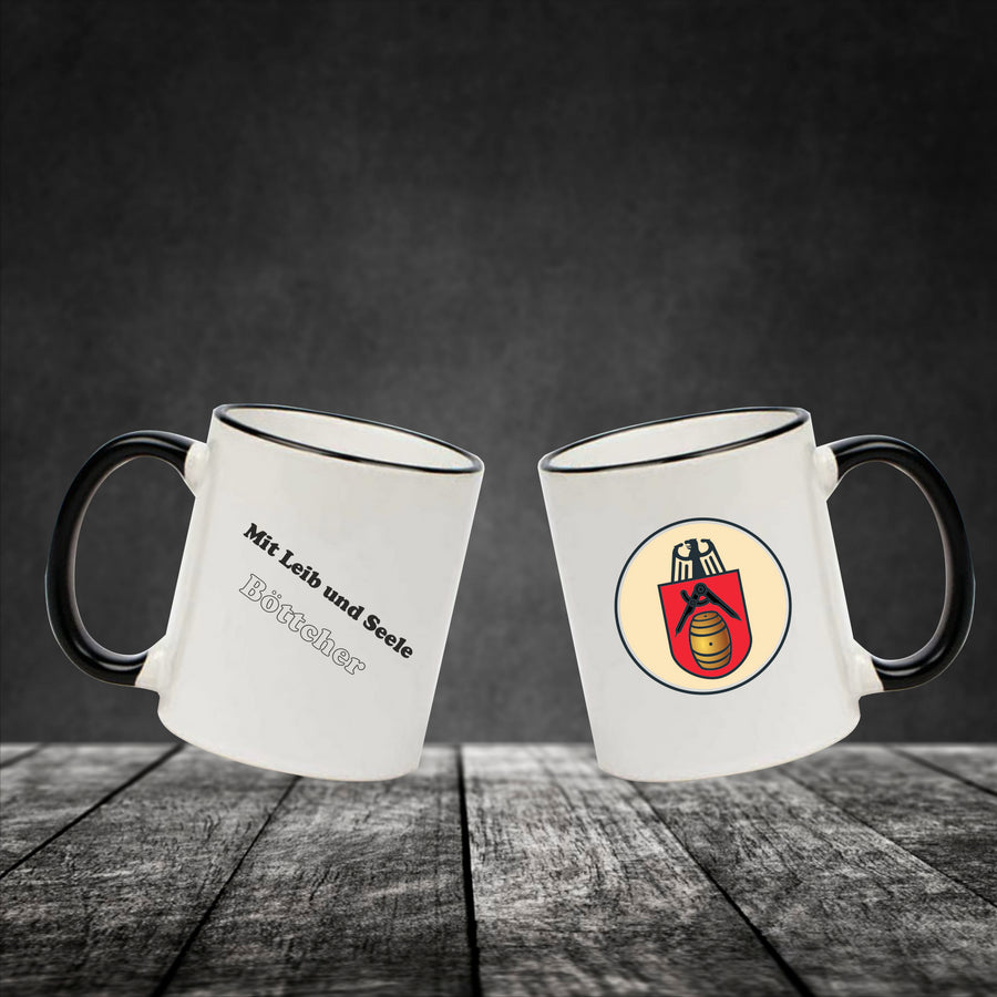 Keramiktasse "Fynn" mit farbigen Henkel und Zunftzeichen und Spruch Böttcher